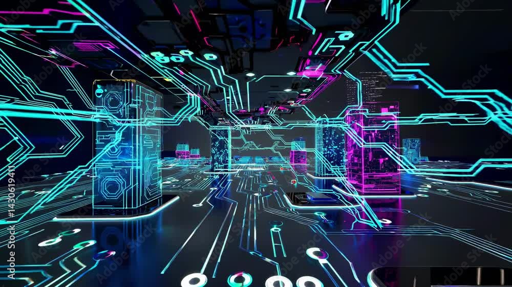 Poster digital data pulsing through neon-lit circuit board, revealing intricate network connections within 