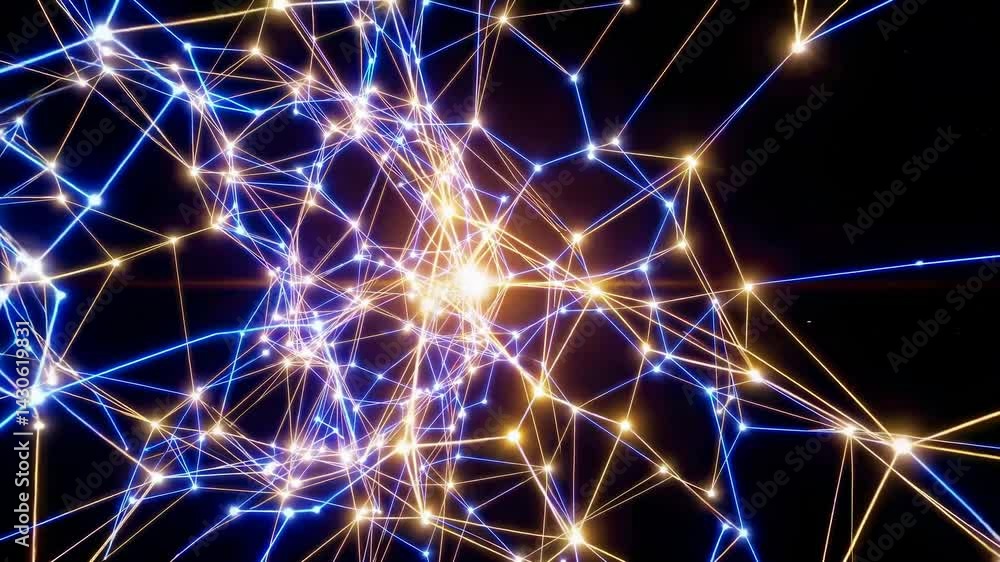 Poster golden and blue plexus network grows and connects on a black background, creating a dynamic and comp
