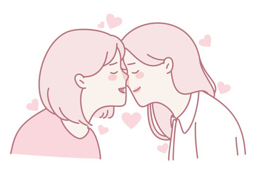 A tender and lovely illustration depicts two girls leaning in for a sweet kiss, surrounded by hearts in the background