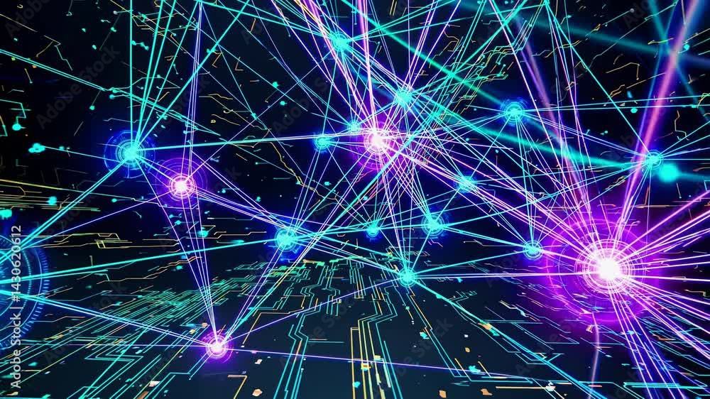 Poster glowing network nodes pulsating dynamically, connecting and shifting across circuit board surface, v