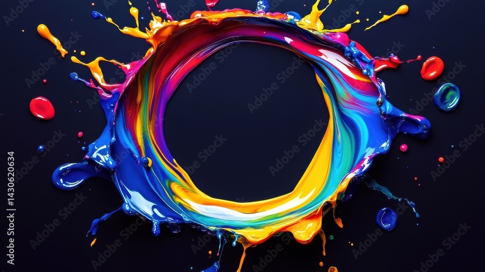 Poster abstract circle liquid motion flow explosion. curved wave colorful pattern with paint drops on black