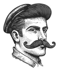 Naklejka premium Vintage Male Portrait Engraving with Distinct Mustache Style