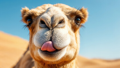 Obraz premium Close-up of a camel sticking out tongue in sunny desert