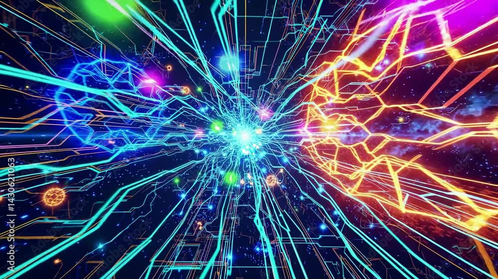 Poster complex quantum computing process visualizing data streams flowing through cyberspace, creating an a