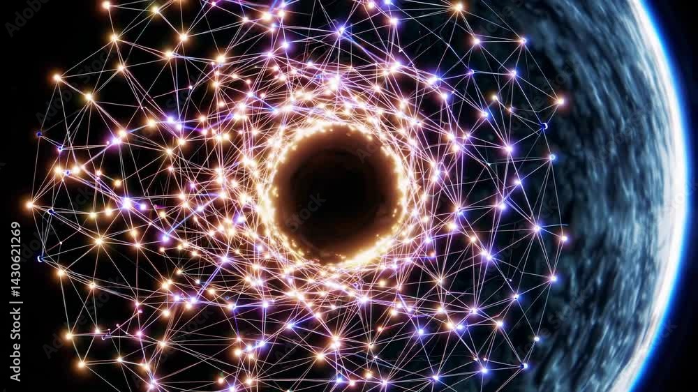 Poster glowing network of interconnected nodes expanding through cosmic tunnel, visualizing wormhole traver