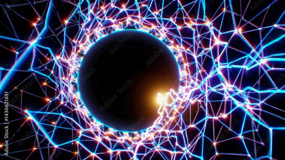 Poster luminous black hole plexus network generating dynamic light streaks radiating outward, creating imme