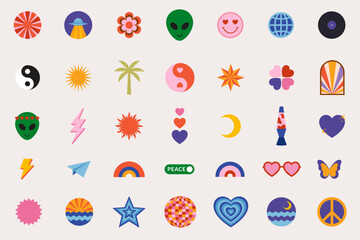 vector illustration, hippie retro clipart, groovy colorful 60s, 70s illustrations	
