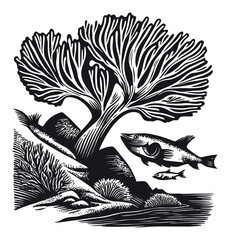 Artistic Woodcut Style Engraving of Fish and Coral Reef Scene