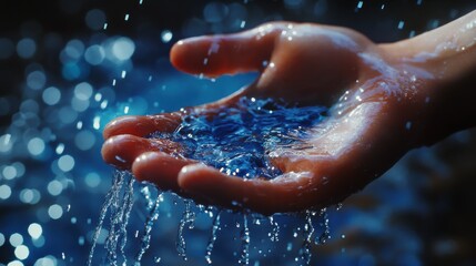 Fototapeta premium A detailed image of a hand holding a blue umbrella in the rain. The focus is on the water droplets cascading down the umbrella, conveying a sense of protection and serenity.