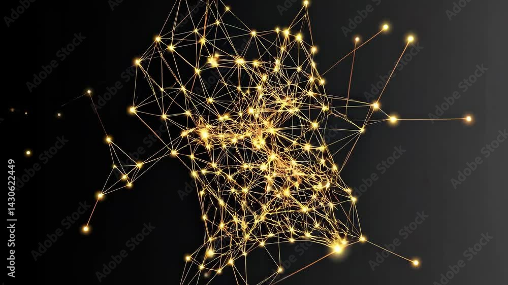 Poster golden network growing, expanding and connecting on a dark background, creating a complex structure 