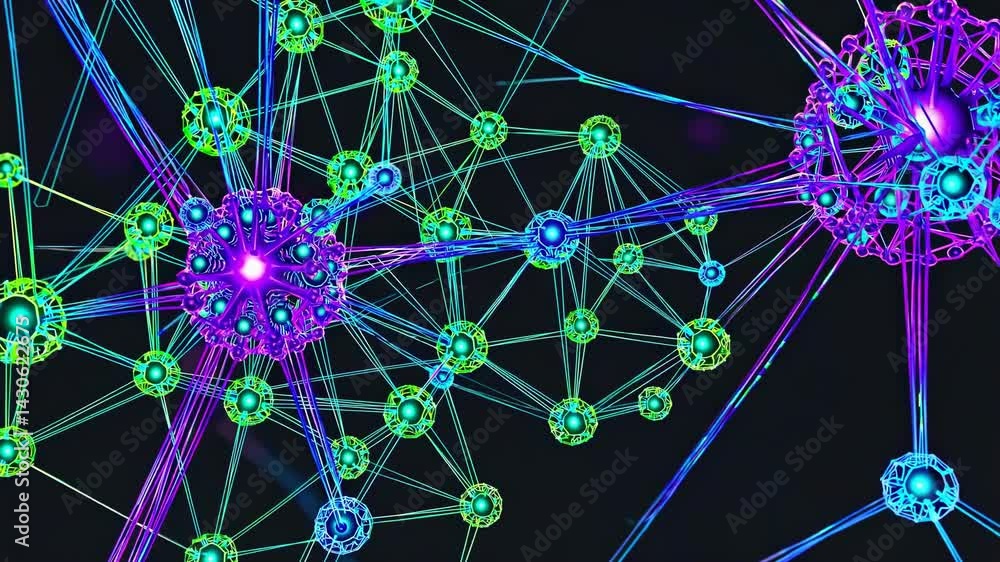 Poster complex network growing, with connections expanding and new nodes appearing, creating a dynamic visu