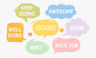 Pastel color positive words reward sticker for achievement with crayon style bubbles