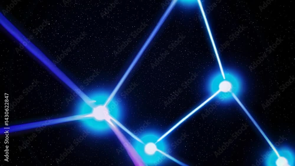 Poster colorful network growing, expanding and connecting with bright dots and lines on starry dark backgro