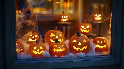 Fototapeta premium Illuminated Jack-o'-lanterns: A Spooky Halloween Window Display