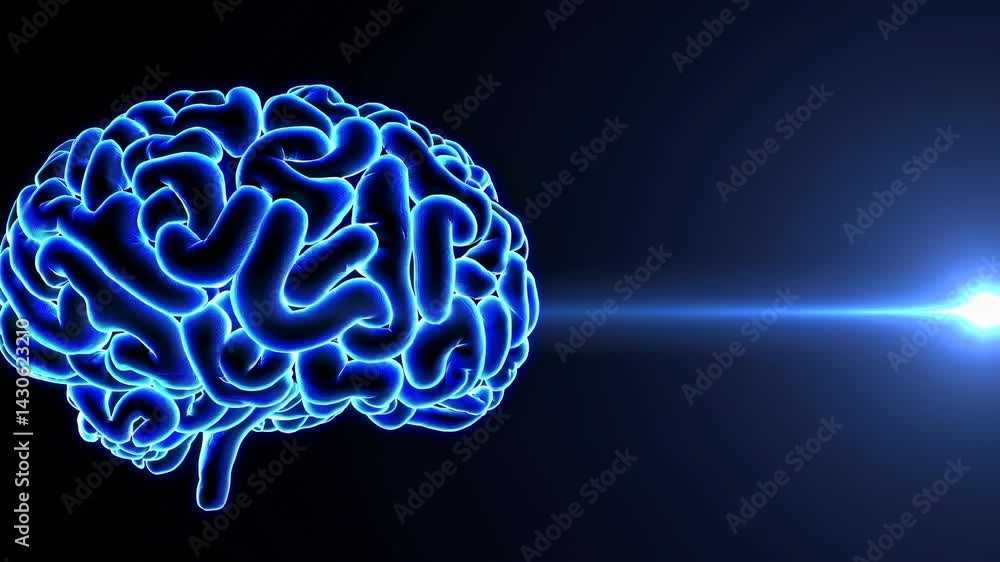 Poster human brain rotating slowly, showing its complex structure and neural connections, with blue synapse