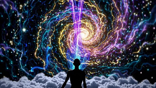 Cosmic energy streaming into human silhouette's head through swirling nebulae, illuminating spiritual consciousness and inner transformative potential with vibrant celestial luminescence