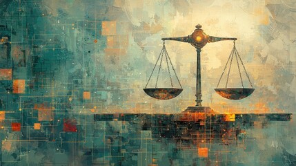 Digital art of a balanced scale symbolizing justice amidst an abstract background.