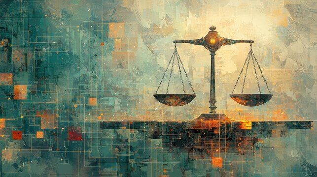 Fototapeta Digital art of a balanced scale symbolizing justice amidst an abstract background.