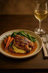 Grilled chicken thigh with mashed potatoes, baby carrots, and green beans