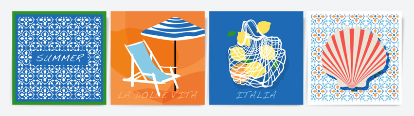 Summer set. Italy. Amalfi. Vector illustration of posters or cards with the image of blue Italian Mediterranean tiles, lemons in shopping mesh bag, beach lounger with umbrella, shell