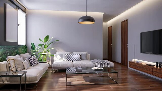 Contemporary living room with white sofa, glass coffee table, tropical wallpaper accent wall, and sleek tv unit, creating a relaxing and sophisticated atmosphere.
