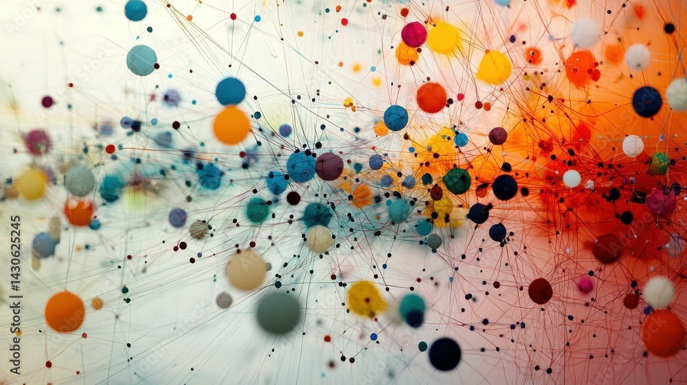 Poster abstract colorful network of interconnected dots and lines creating a vibrant digital landscape.