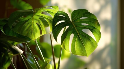 Naklejka premium Lush Monstera leaves in soft sunlight, tropical greenery thriving in nature's embrace 