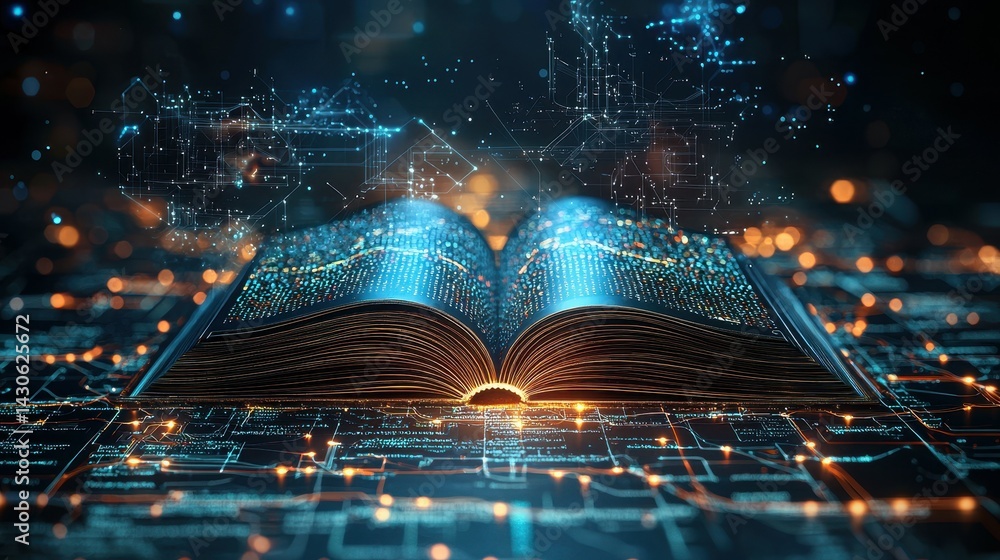 Poster an open book surrounded by digital elements and glowing data patterns.