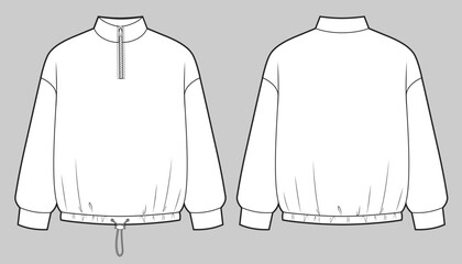 Mans half zipper sweatshirt with drawstring on bottom.