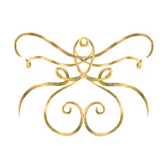 Gold ribbons ornament of vibrant collection. Curls, ribbons elements hand-painted in watercolor with gold paint accents. Isolate is presented for textiles, wallpaper, prints, packaging