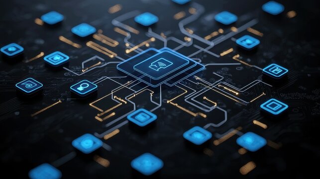Futuristic circuit board with glowing blue icons and connections, symbolizing technology.