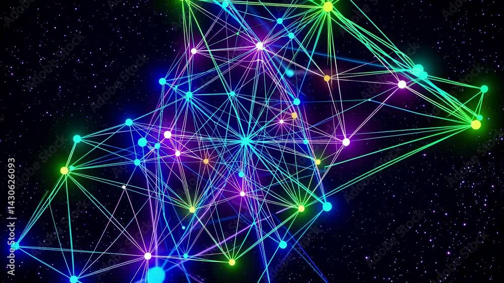 Poster pulsating plexus network expanding dynamically across dark starry background, creating complex inter