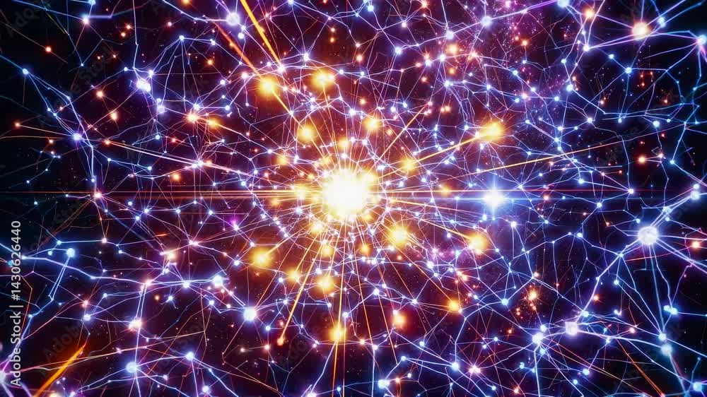 Poster complex network growing and expanding, creating new connections between glowing nodes, resembling a 