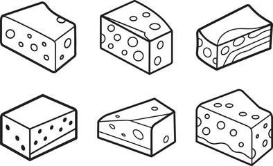 Set of Monterey Jack cheese line art, black outline, vector and illustration, coloring book page line art drawing