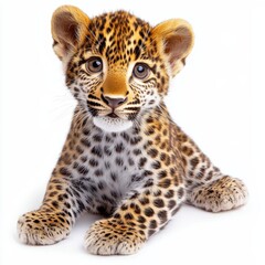 Fototapeta premium A playful baby leopard cartoon clipart gazes sweetly with big eyes against a clean white background scene.