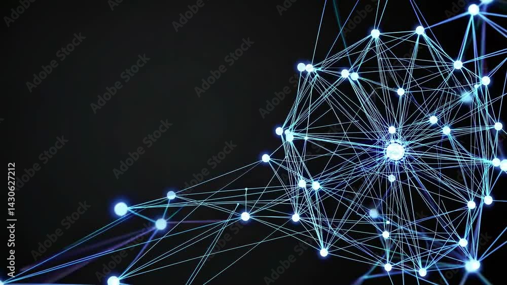 Poster glowing blue plexus network grows and connects, creating a dynamic digital web on a black background