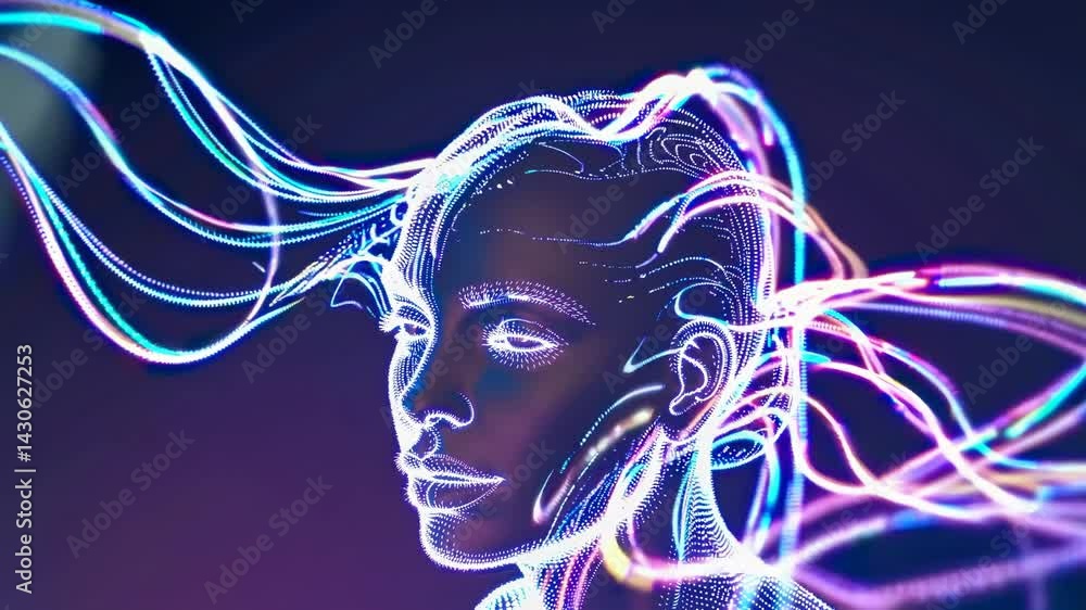Poster glowing luminescent lines radiating from woman's profile, depicting transformative digital energy th