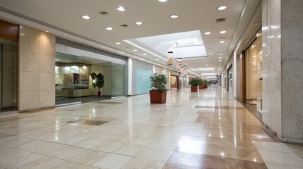 Fototapeta premium Minimalist shopping center interior with clean walkways and soft lighting, embodying modern elegance and spacious simplicity. 