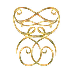 Gold ribbons ornament of vibrant collection. Curls, ribbons elements hand-painted in watercolor with gold paint accents. Isolate is presented for textiles, wallpaper, prints, packaging