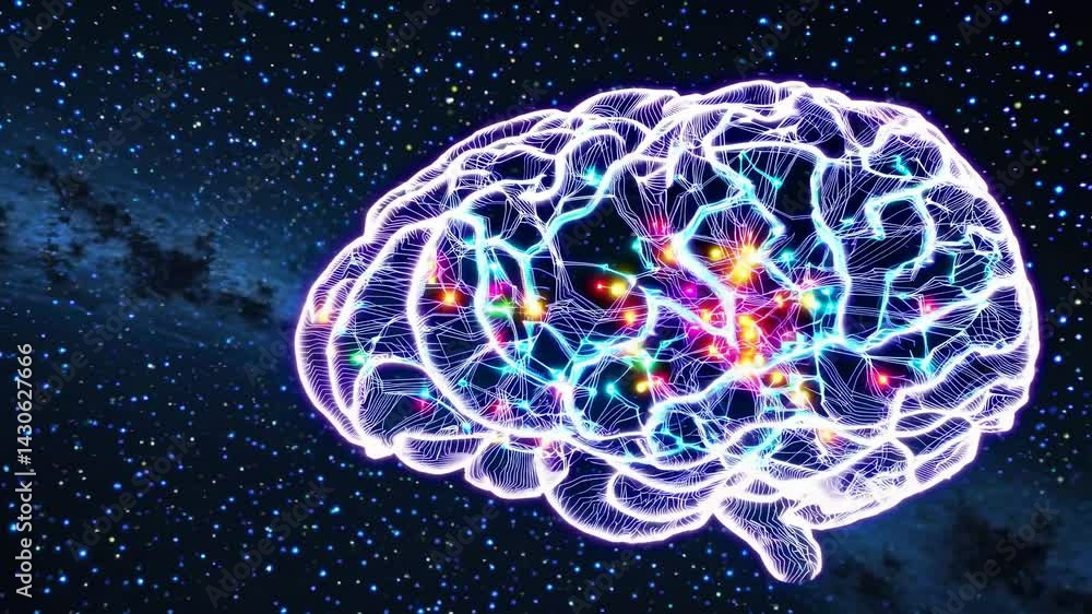 Poster neural network visualizing human brain structure with glowing, interconnected synapses radiating acr