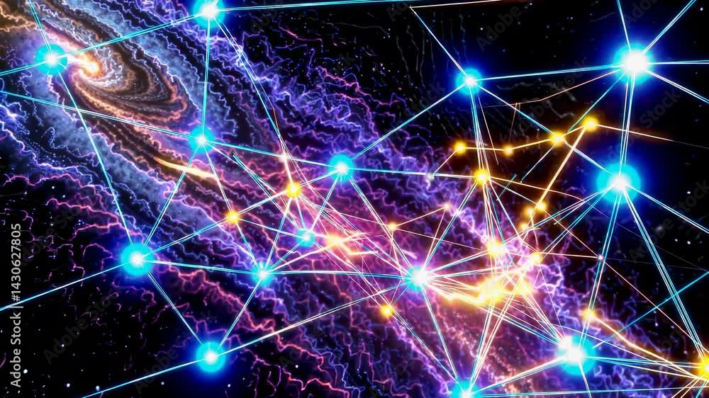 Poster bright nodes connect across a vibrant nebula, creating a complex network that expands and evolves, s