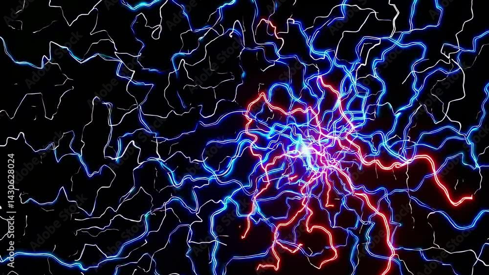 Poster intense blue and pink electric currents dynamically pulsating, expanding and contracting across dark