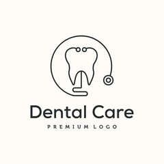 dental care line art logo vector minimalist illustration design,  tooth with a stethoscope forming a circular frame symbol design
