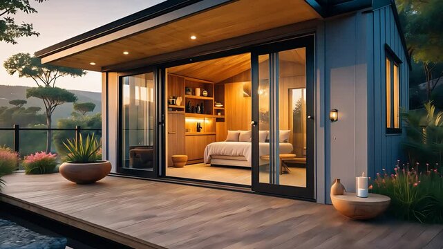 Modern Tiny House with Open Sliding Glass Doors Leading to Cozy Bedroom and Outdoor Wooden Deck in a Peaceful Garden Setting

