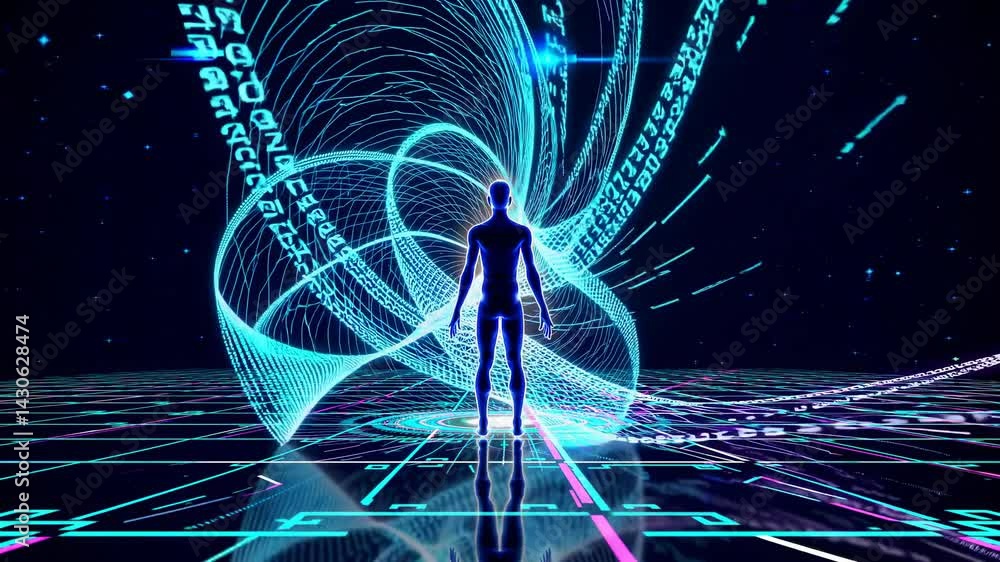 Poster digital world concept showcasing a humanoid figure amidst a swirling stream of colorful digital data