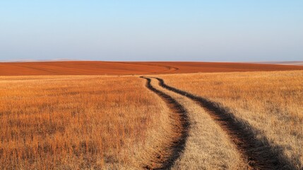 Fototapeta premium a winding path cuts through a golden field leading to a distant cultivated plain under a soft pastel sky evoking peace and solitude