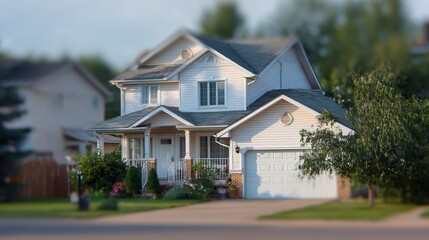 Modern suburban home with clean lines, bathed in soft daylight. Minimalist elegance in a quiet neighborhood setting.
