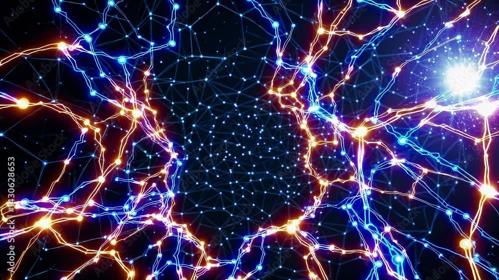 Poster intricate golden and blue plexus network dynamically expanding with vibrant light pulses, illuminati