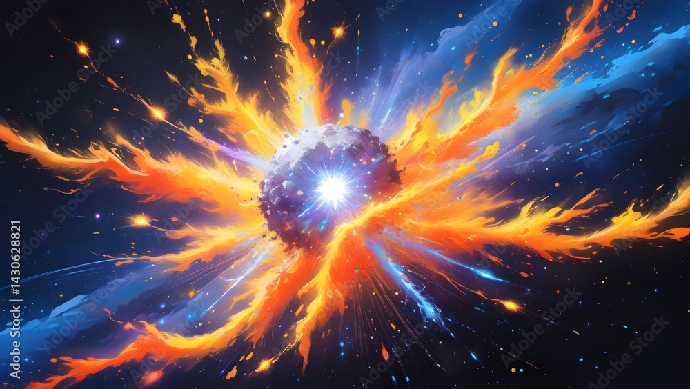 Poster abstract space explosion with spherical core and colorful light beams