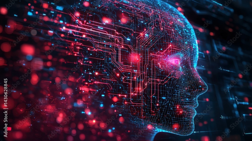 Poster futuristic digital face with glowing circuit patterns and vibrant colors.